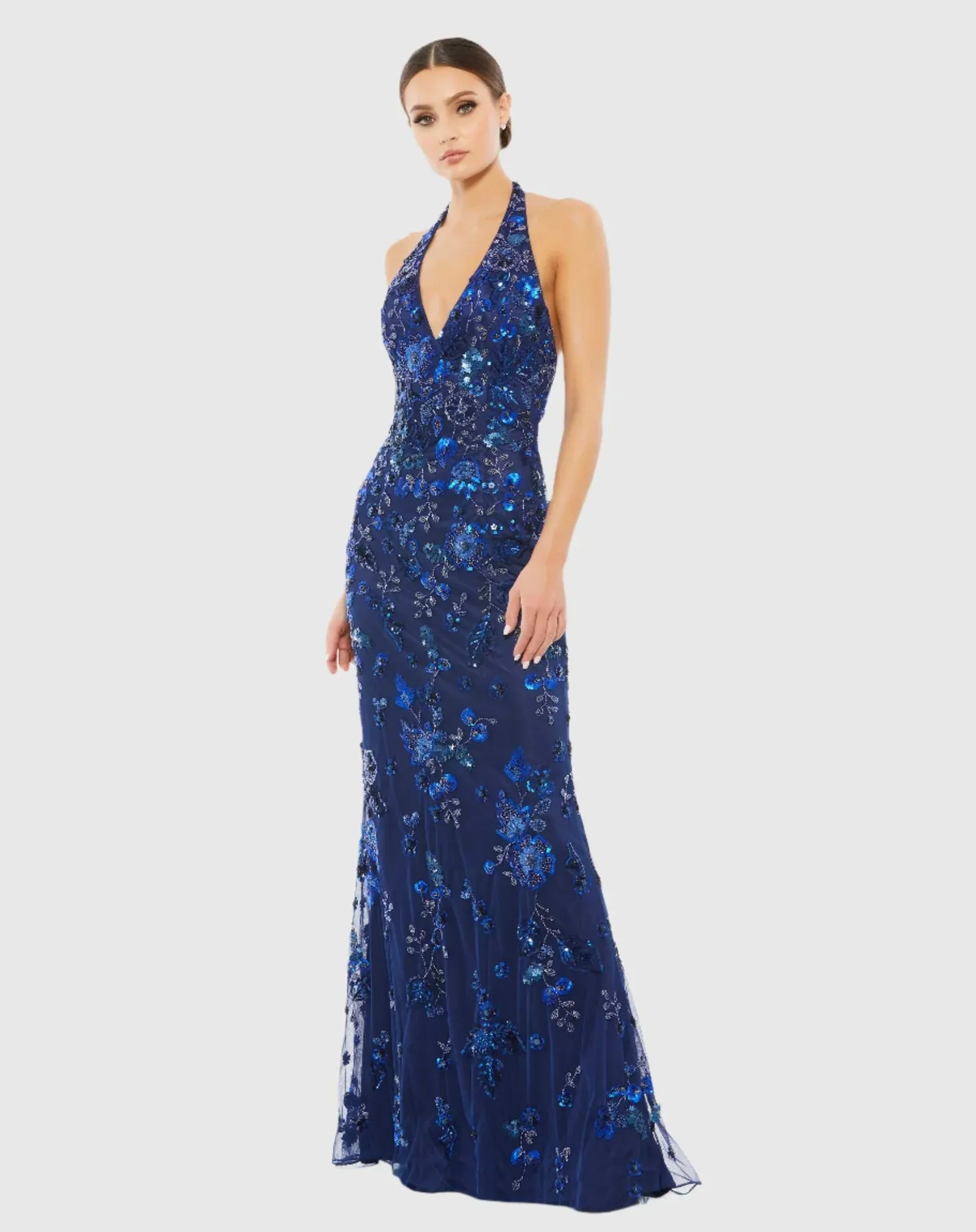 Floral embellished halter gown - Blue