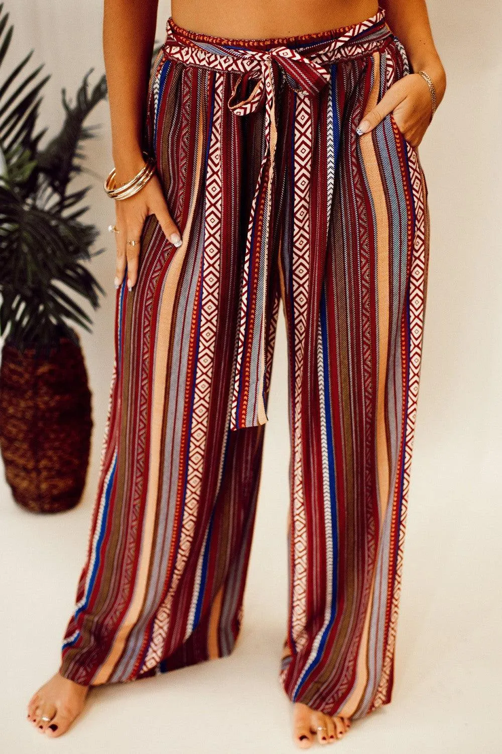 Free Spirited Tie Waist Striped Palazzo Pants