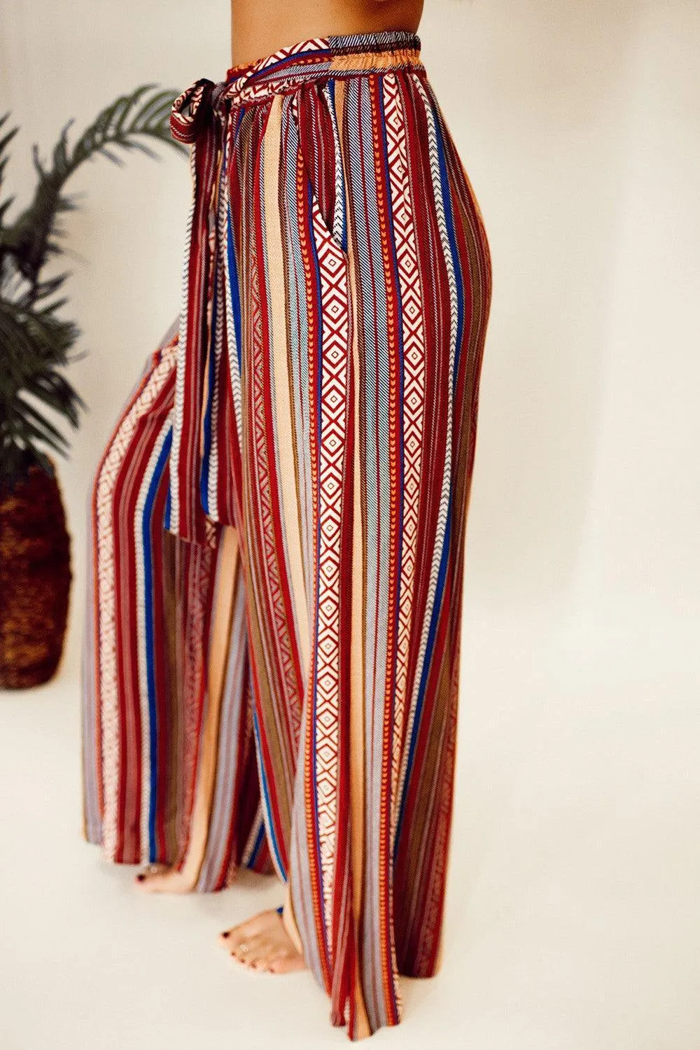 Free Spirited Tie Waist Striped Palazzo Pants
