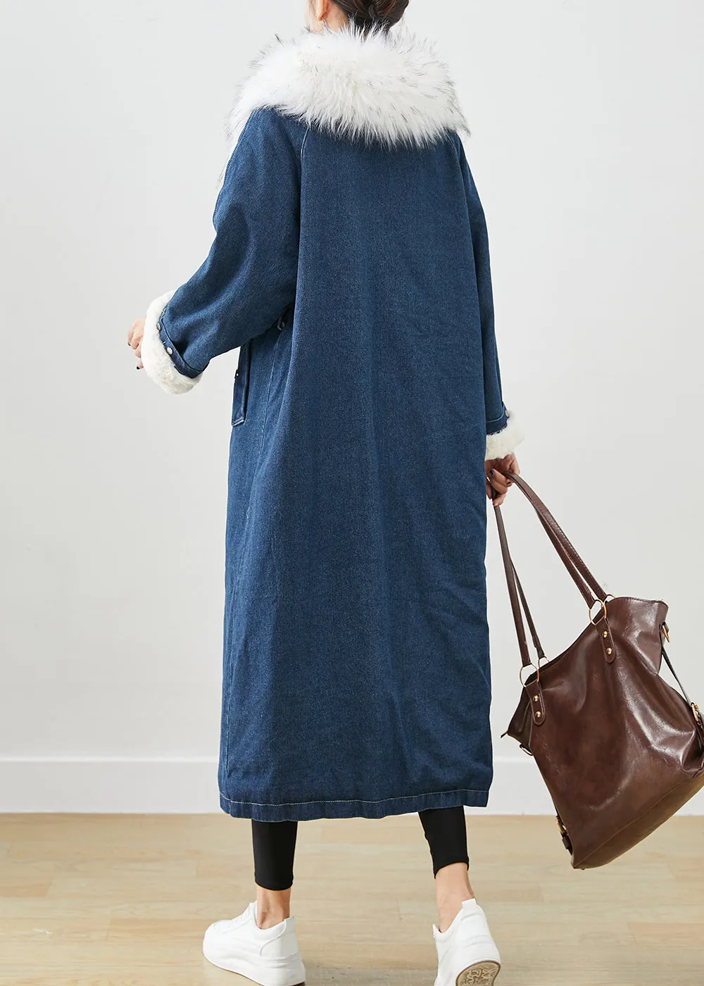 French Navy Fur Collar Thick Warm Fleece Denim Coats Fall ML2528