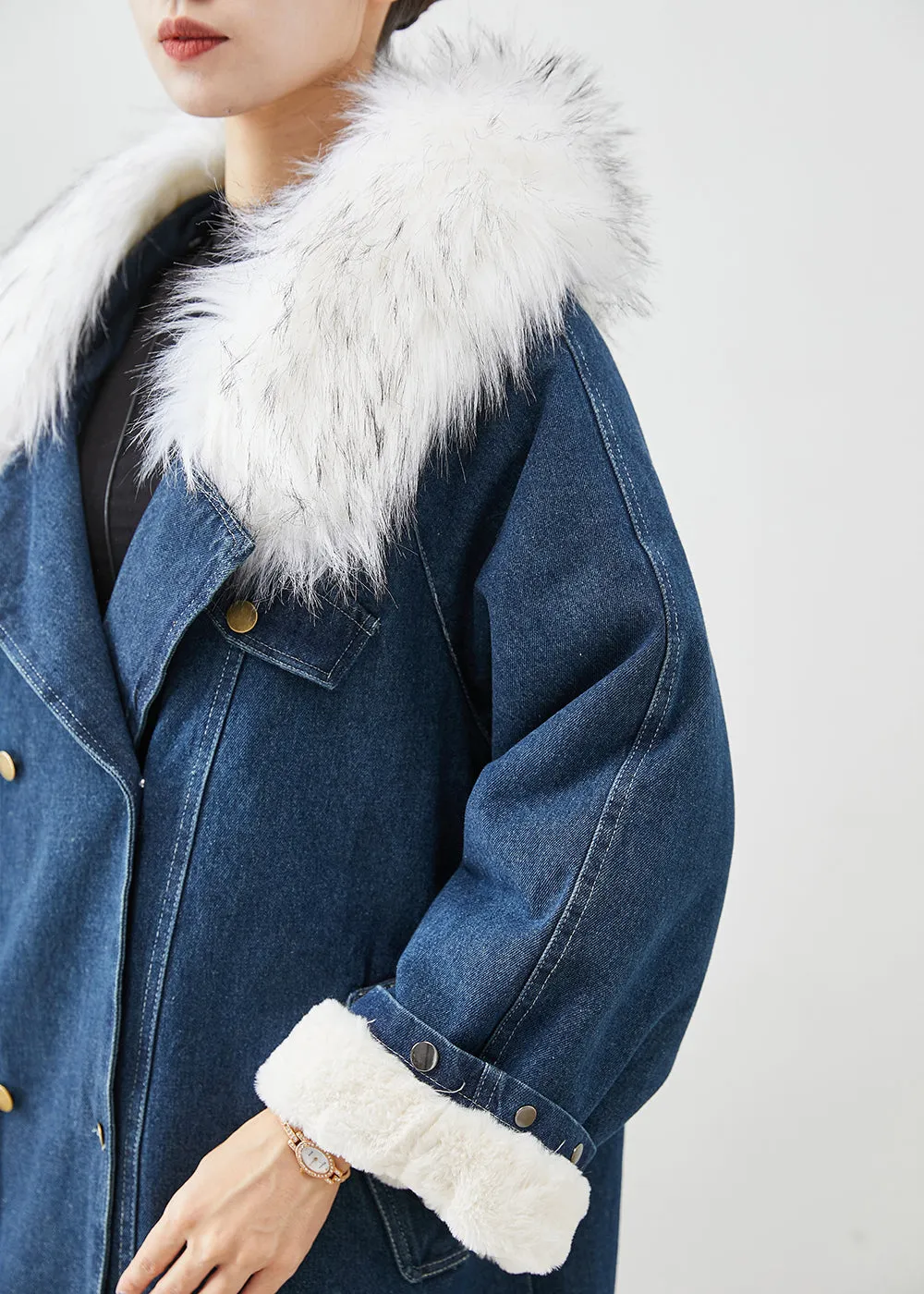 French Navy Fur Collar Thick Warm Fleece Denim Coats Fall ML2528