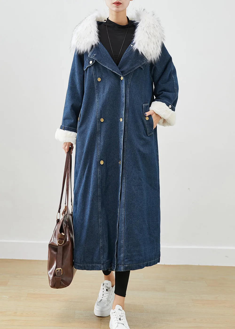 French Navy Fur Collar Thick Warm Fleece Denim Coats Fall ML2528