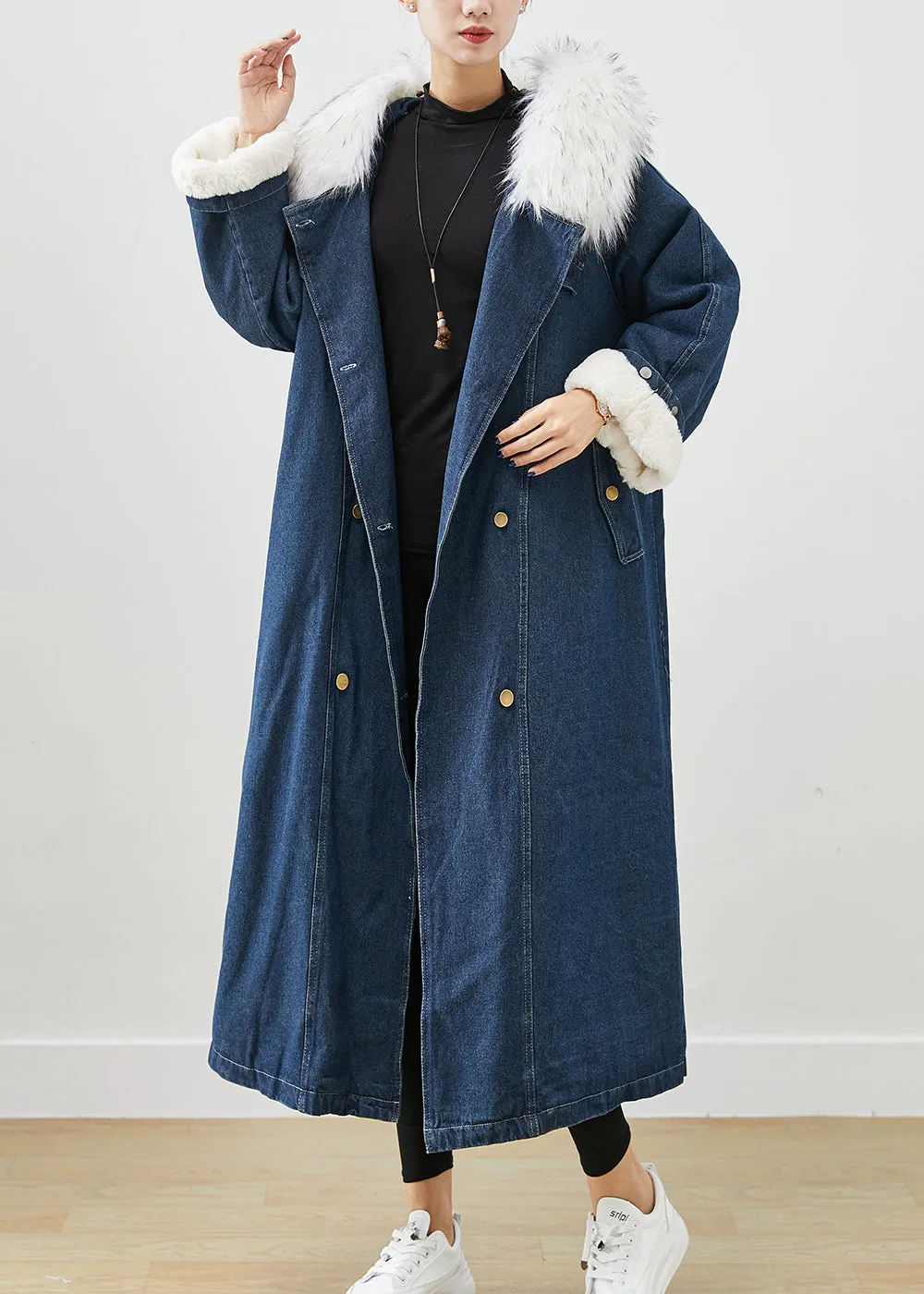 French Navy Fur Collar Thick Warm Fleece Denim Coats Fall ML2528