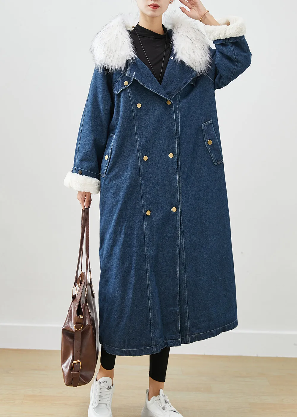French Navy Fur Collar Thick Warm Fleece Denim Coats Fall ML2528