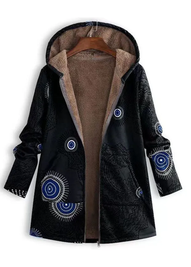French Red Hooded Print Pockets Patchwork Warm Fleece Coats Fall