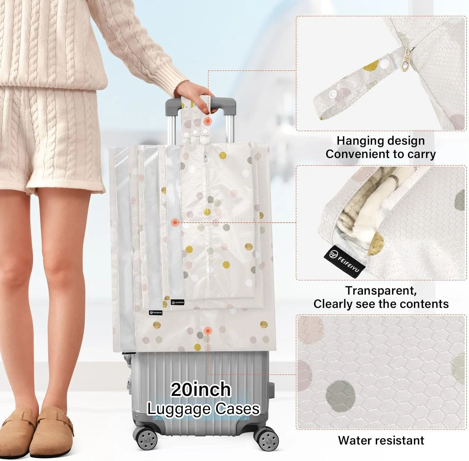 Garment Bag Closet Storage, Luggage Space Saver, Confetti Gold Foil, Waterproof, 3 Set Travel Packing Cubes For Suitcases, Luggages Management Personnel