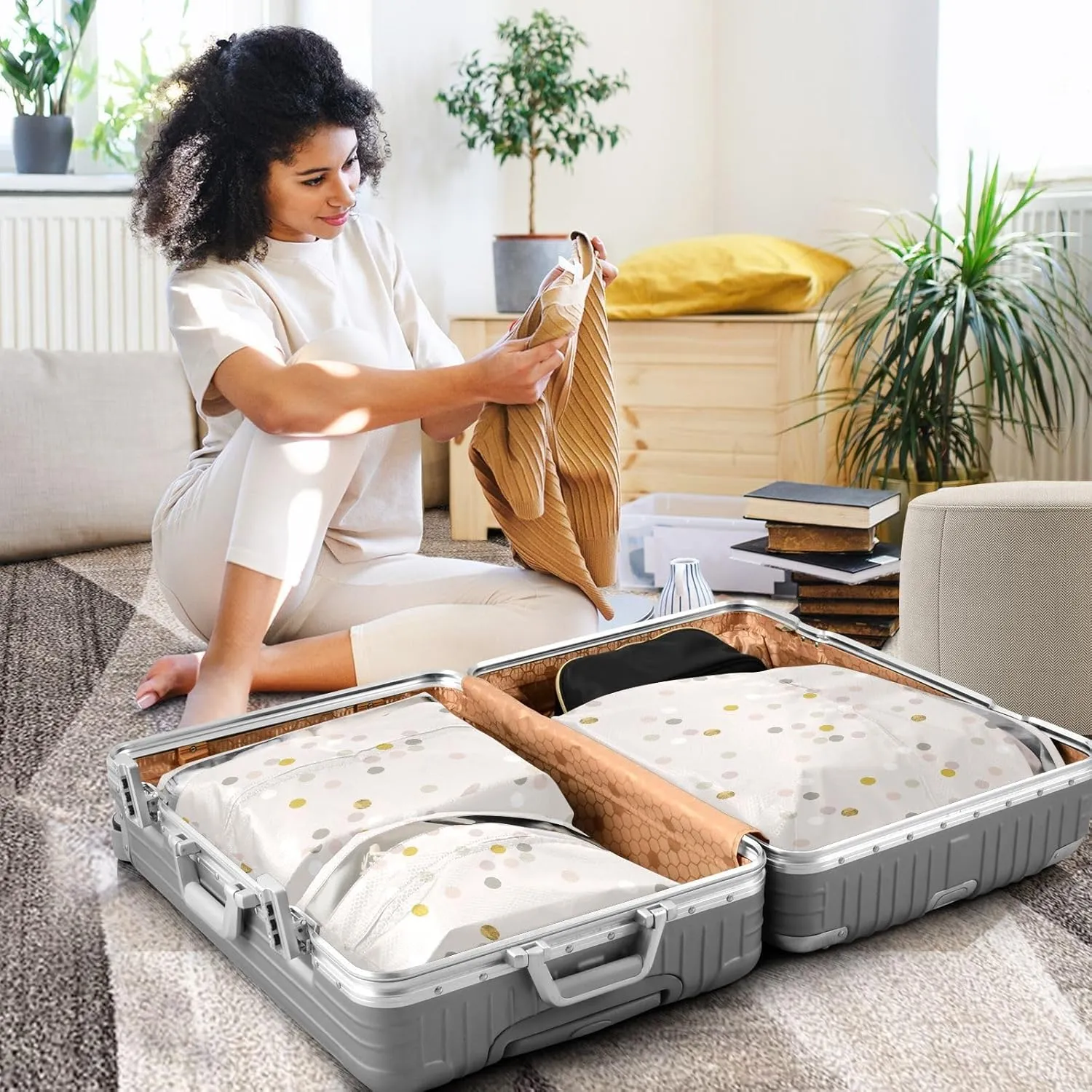 Garment Bag Closet Storage, Luggage Space Saver, Confetti Gold Foil, Waterproof, 3 Set Travel Packing Cubes For Suitcases, Luggages Management Personnel