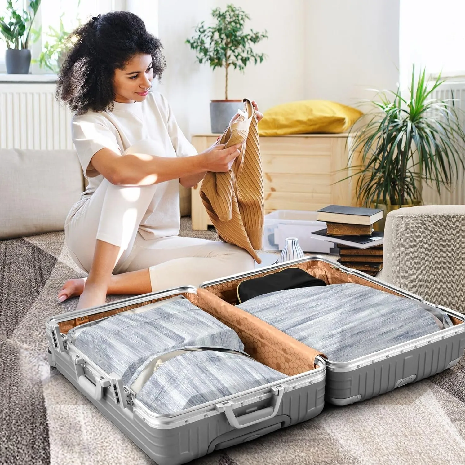 Garment Bag Closet Storage, Luggage Space Saver, Gray Blue Camouflage Dyed, Waterproof, 3 Set Travel Packing Cubes For Suitcases, Luggages Management Personnel
