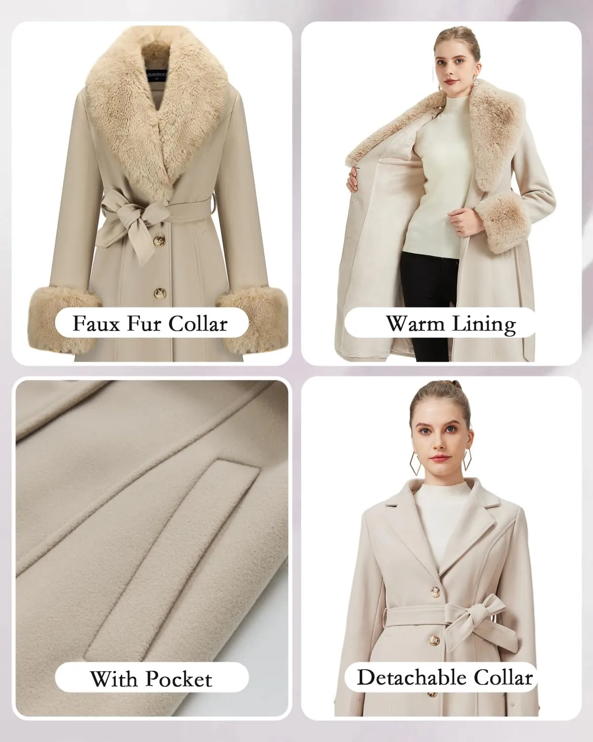 GRAN ORIENTE Long Trench Woolen Peacoat Womens Dress Coat,Winter Warm Double Breasted Pea Coats 2024