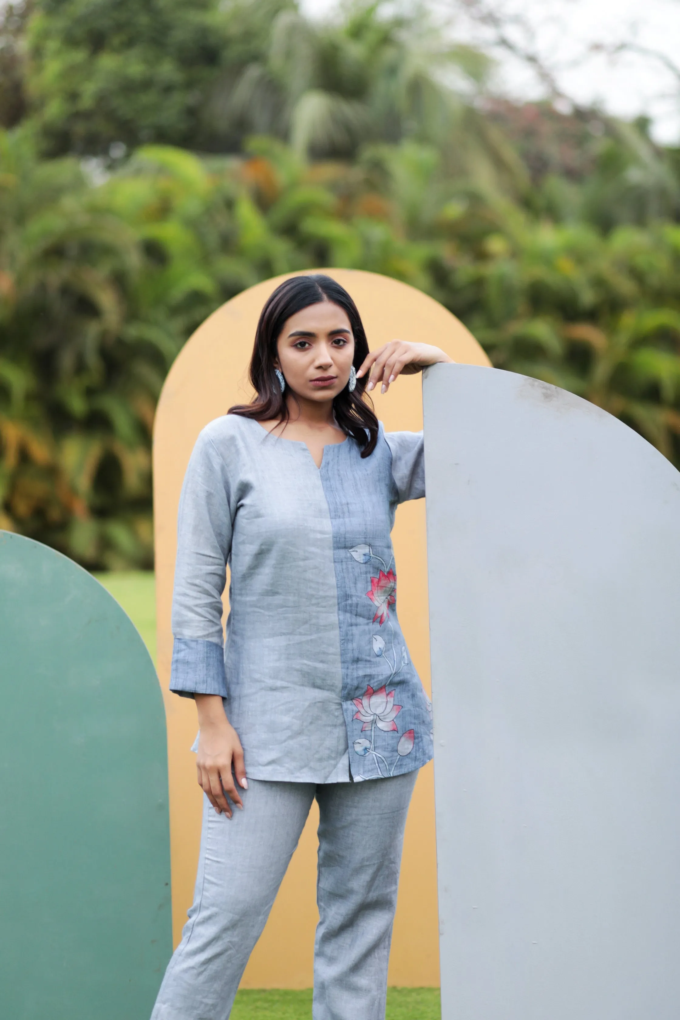 Grey Half Pichwai Detail Pure Linen Co-ord Set