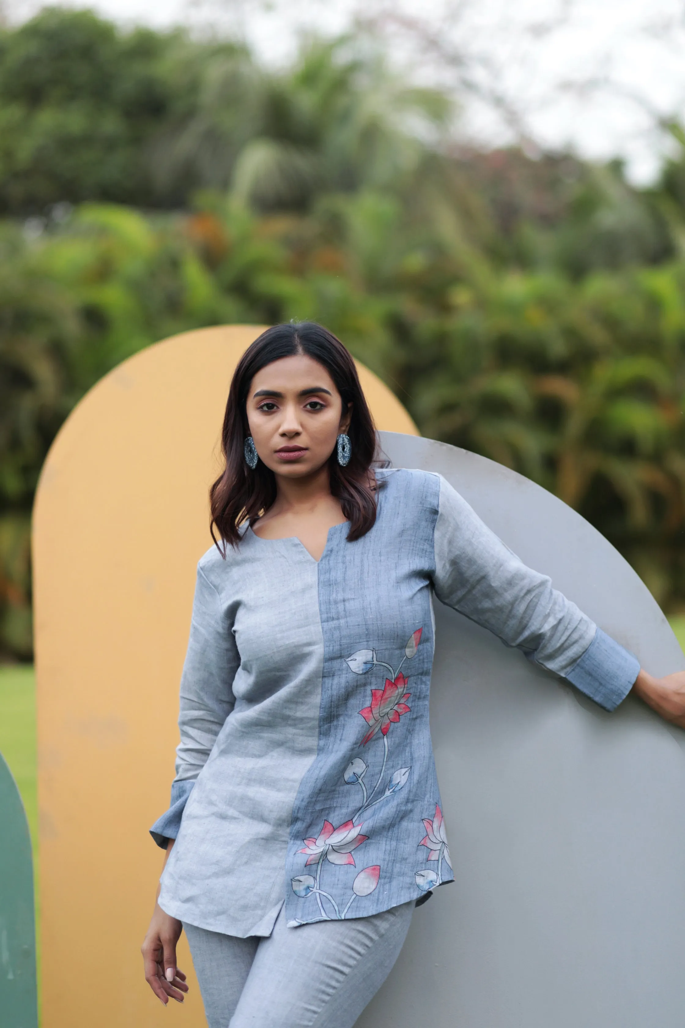 Grey Half Pichwai Detail Pure Linen Co-ord Set