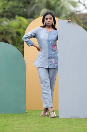 Grey Half Pichwai Detail Pure Linen Co-ord Set