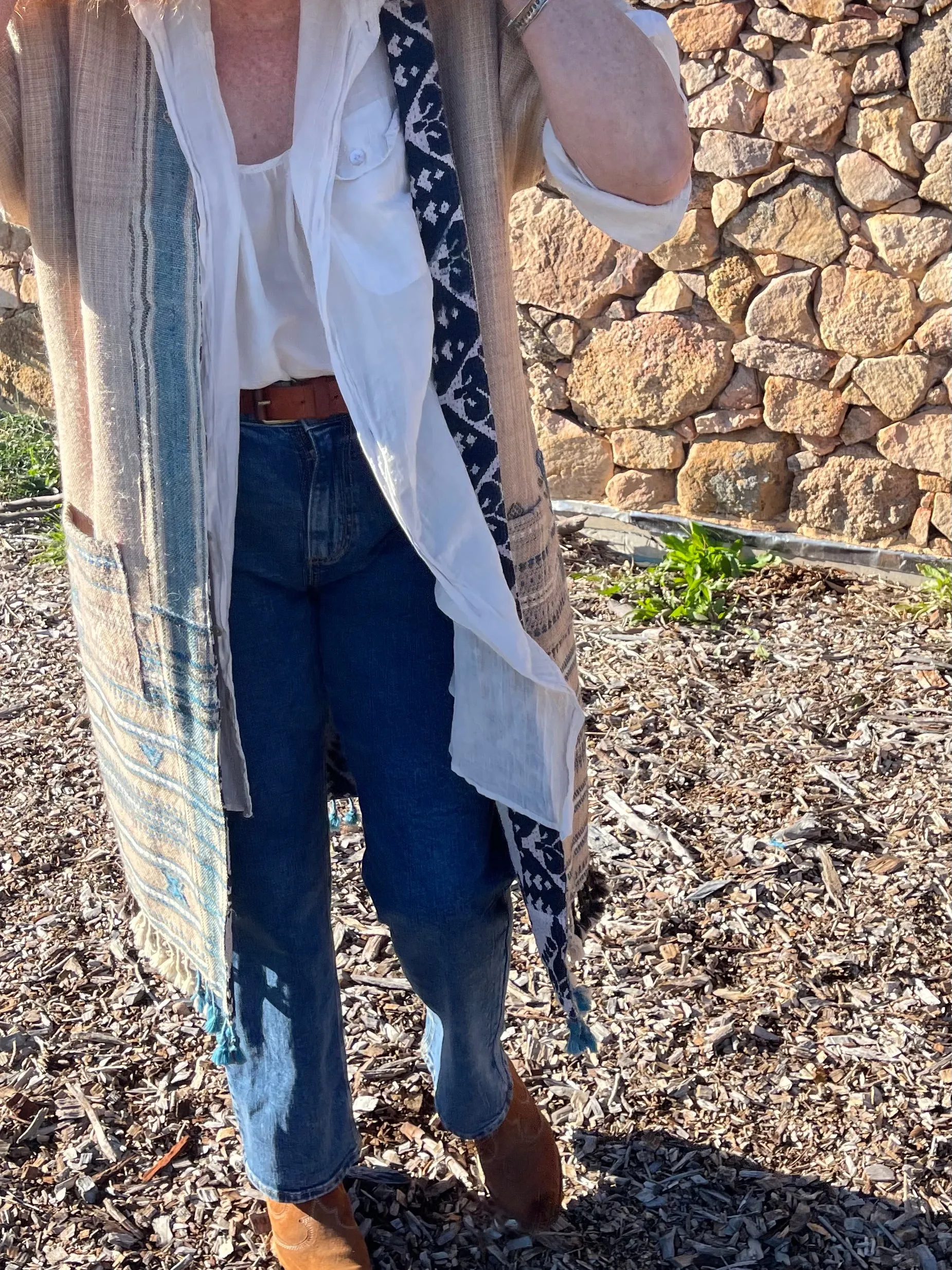 Handwoven Desi Wool Jacket - Oatmeal   Soft Teal