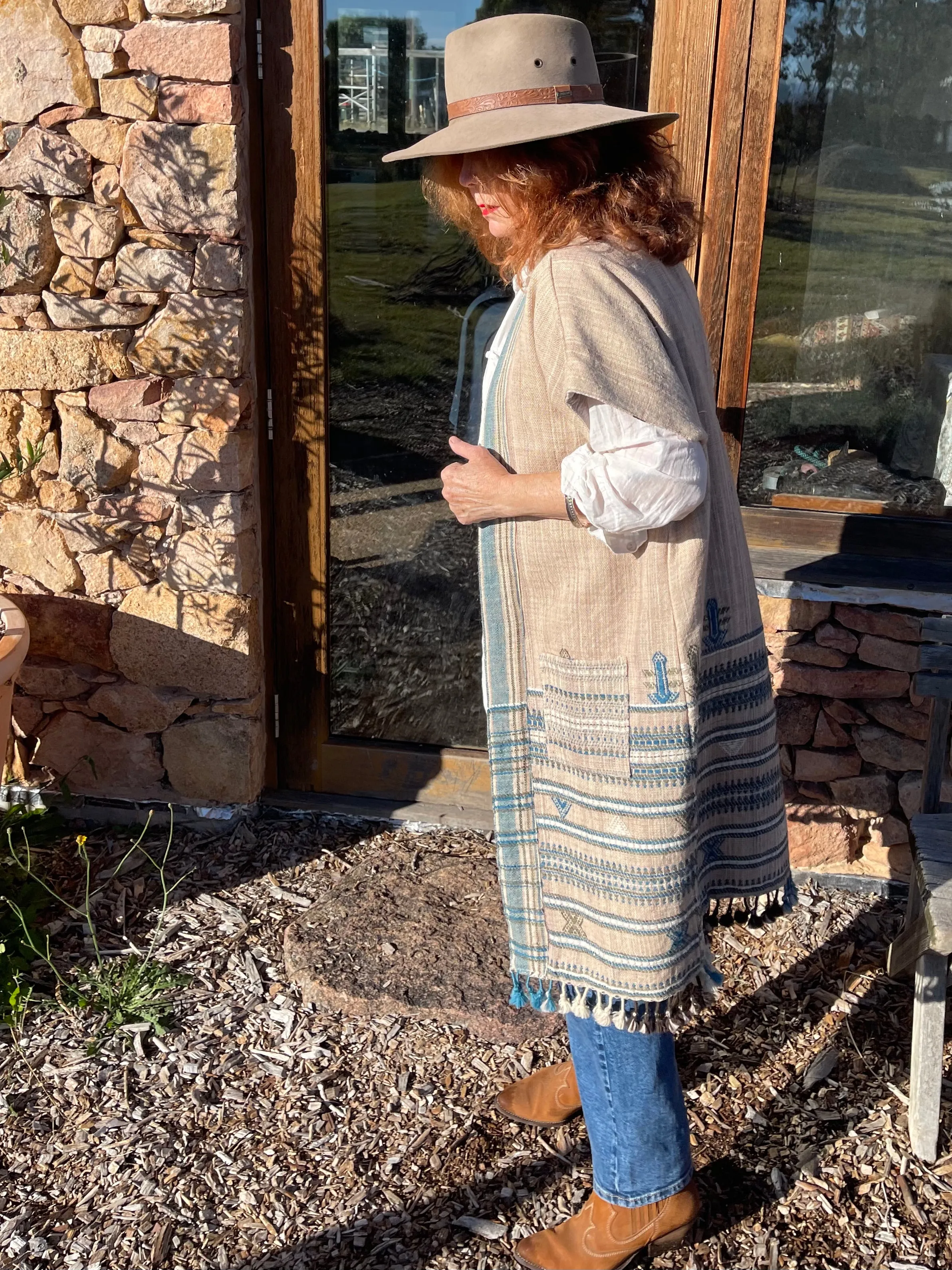 Handwoven Desi Wool Jacket - Oatmeal   Soft Teal