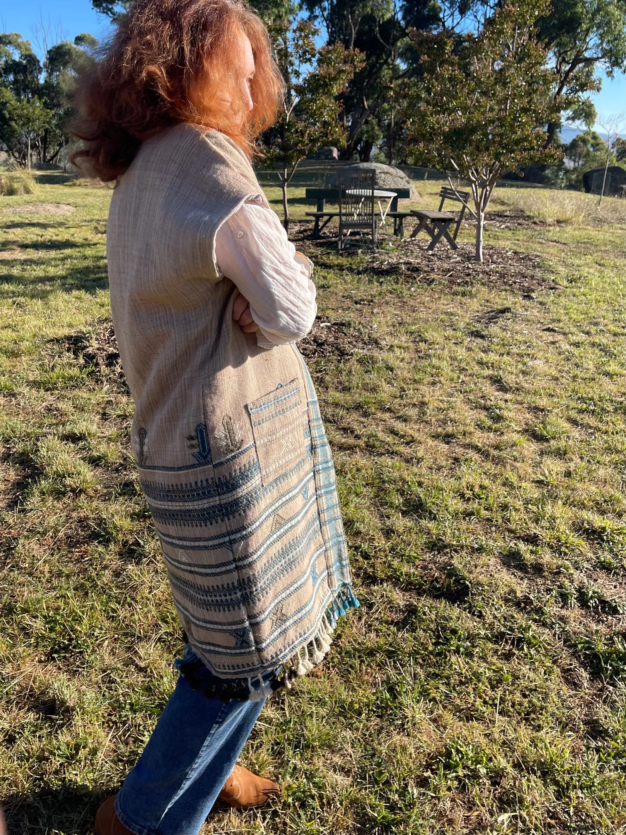 Handwoven Desi Wool Jacket - Oatmeal   Soft Teal