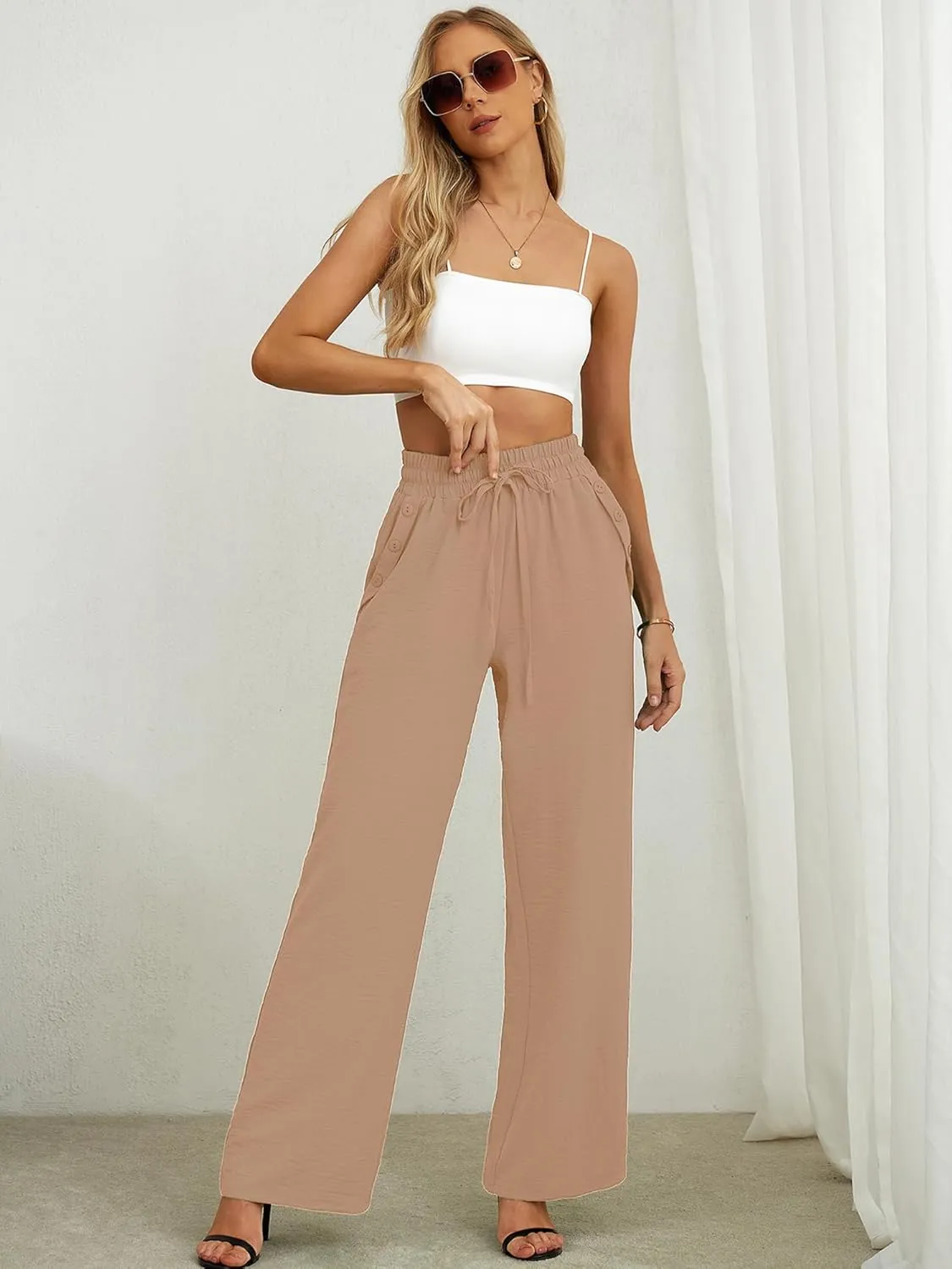 Heymoments Women's Wide Leg Lounge Pants with Pockets Lightweight High Waisted Palazzo Adjustable Tie Knot Flowy Trousers