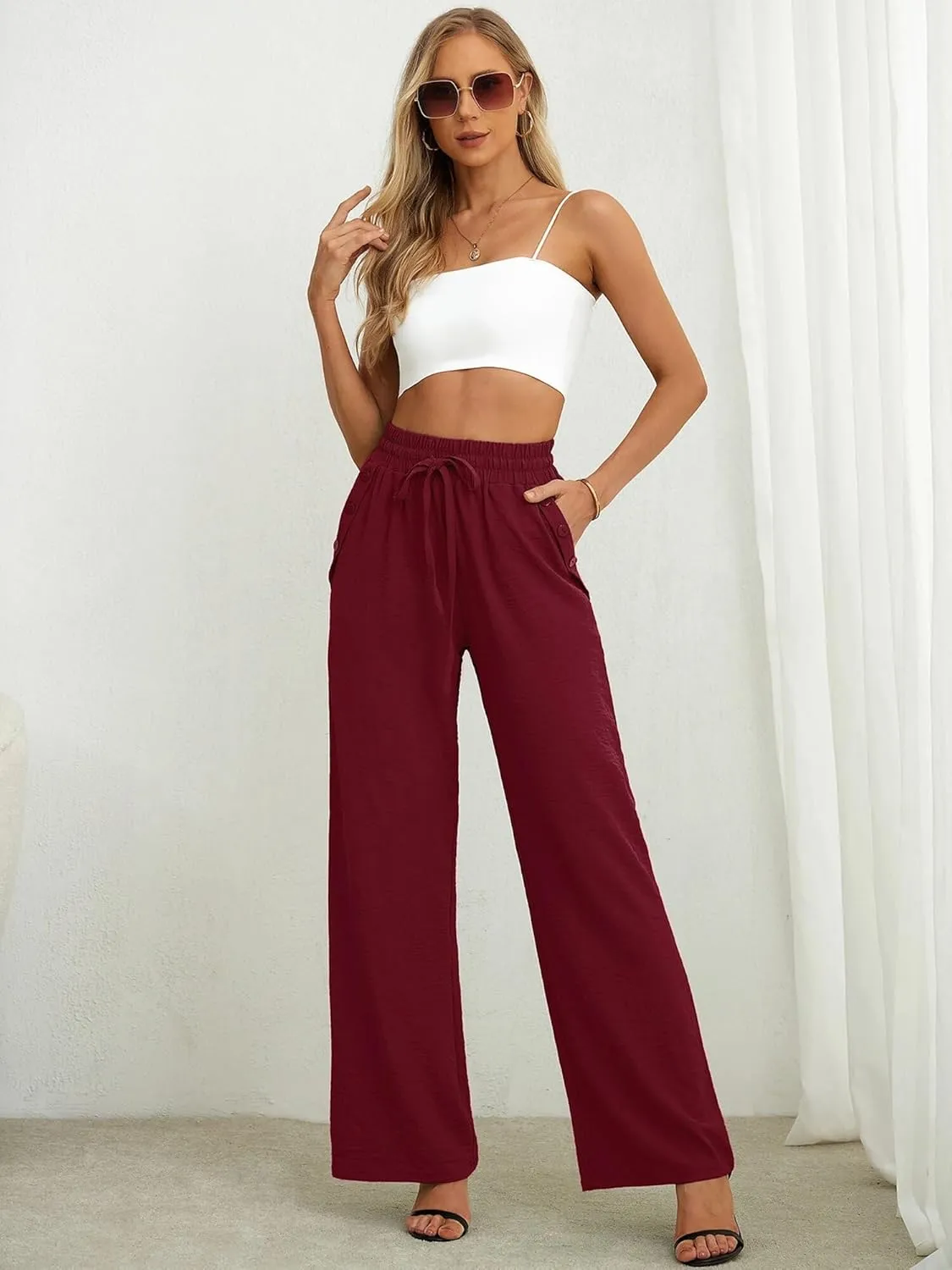 Heymoments Women's Wide Leg Lounge Pants with Pockets Lightweight High Waisted Palazzo Adjustable Tie Knot Flowy Trousers