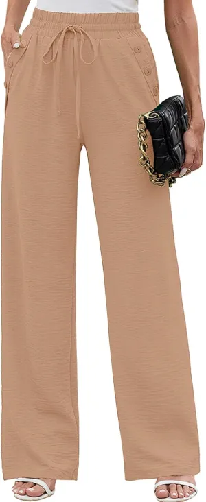 Heymoments Women's Wide Leg Lounge Pants with Pockets Lightweight High Waisted Palazzo Adjustable Tie Knot Flowy Trousers