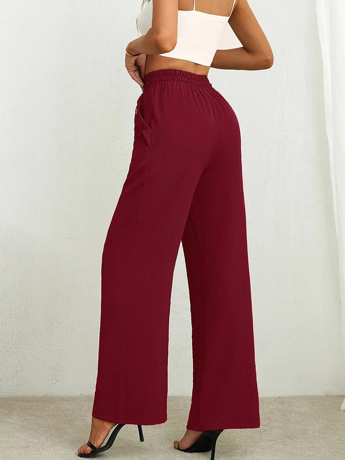 Heymoments Women's Wide Leg Lounge Pants with Pockets Lightweight High Waisted Palazzo Adjustable Tie Knot Flowy Trousers