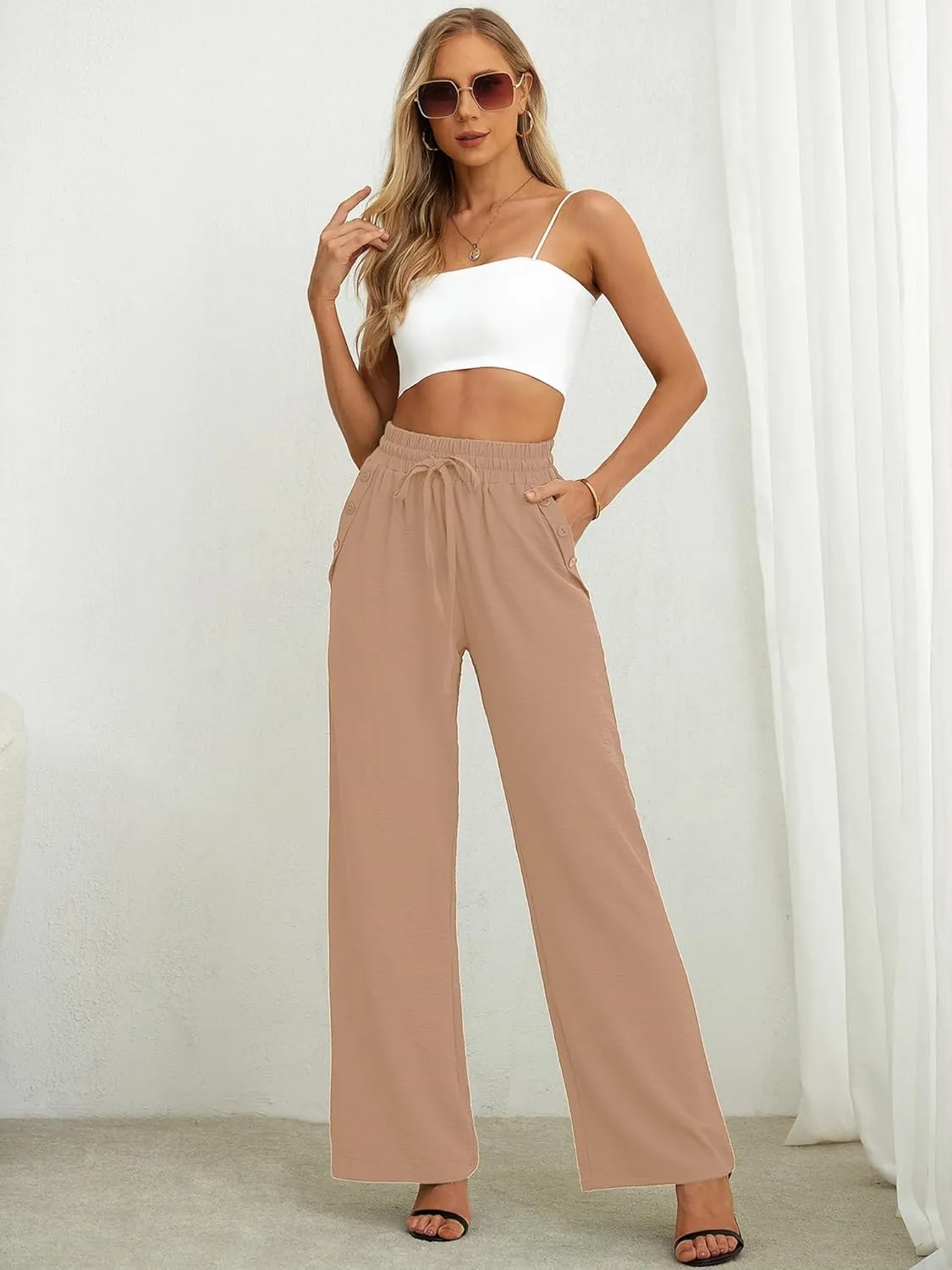 Heymoments Women's Wide Leg Lounge Pants with Pockets Lightweight High Waisted Palazzo Adjustable Tie Knot Flowy Trousers