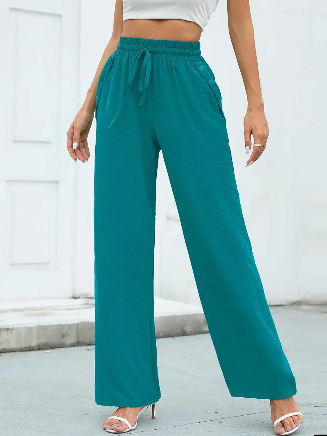 Heymoments Women's Wide Leg Lounge Pants with Pockets Lightweight High Waisted Palazzo Adjustable Tie Knot Flowy Trousers