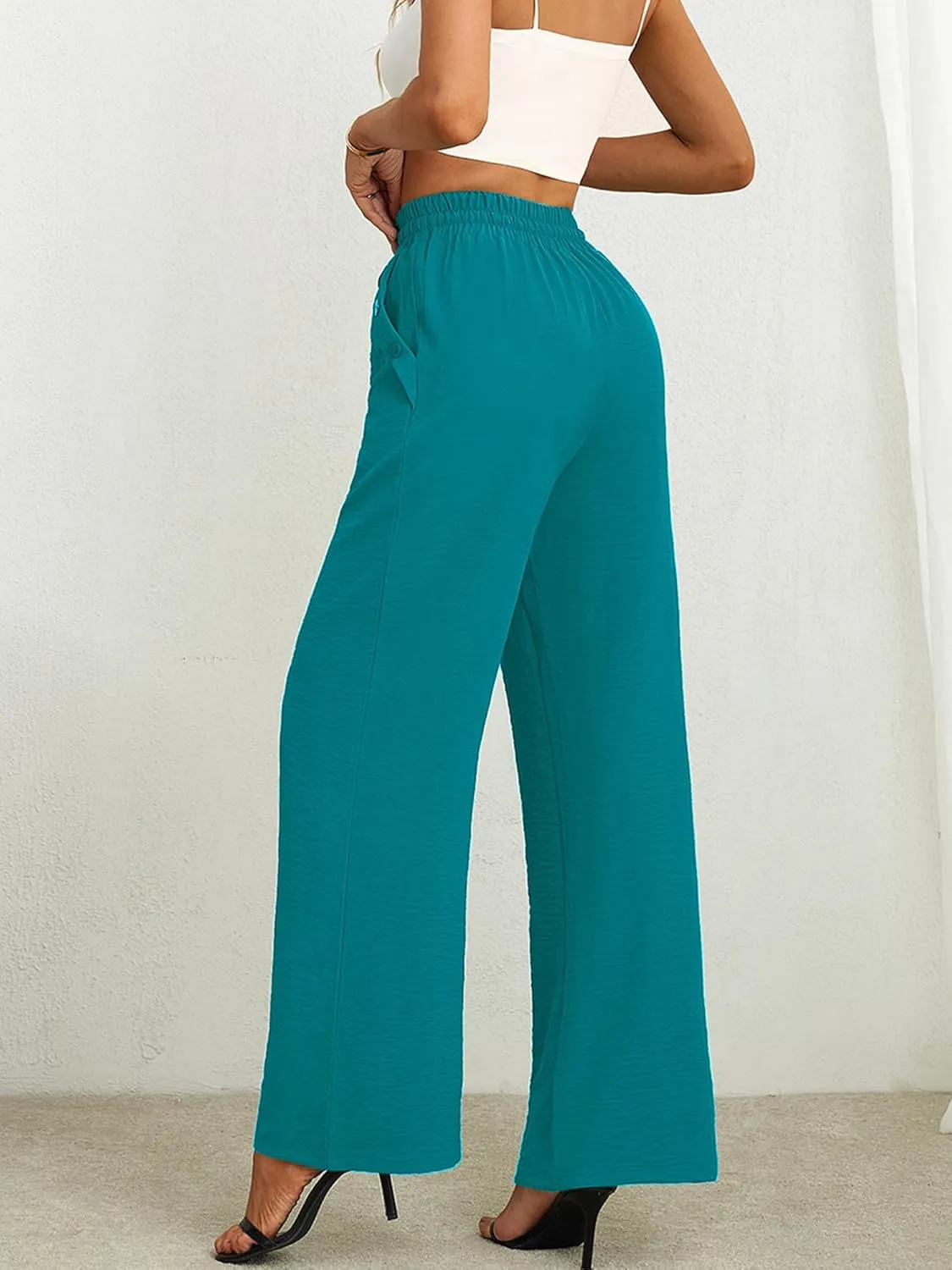 Heymoments Women's Wide Leg Lounge Pants with Pockets Lightweight High Waisted Palazzo Adjustable Tie Knot Flowy Trousers