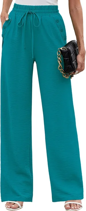 Heymoments Women's Wide Leg Lounge Pants with Pockets Lightweight High Waisted Palazzo Adjustable Tie Knot Flowy Trousers