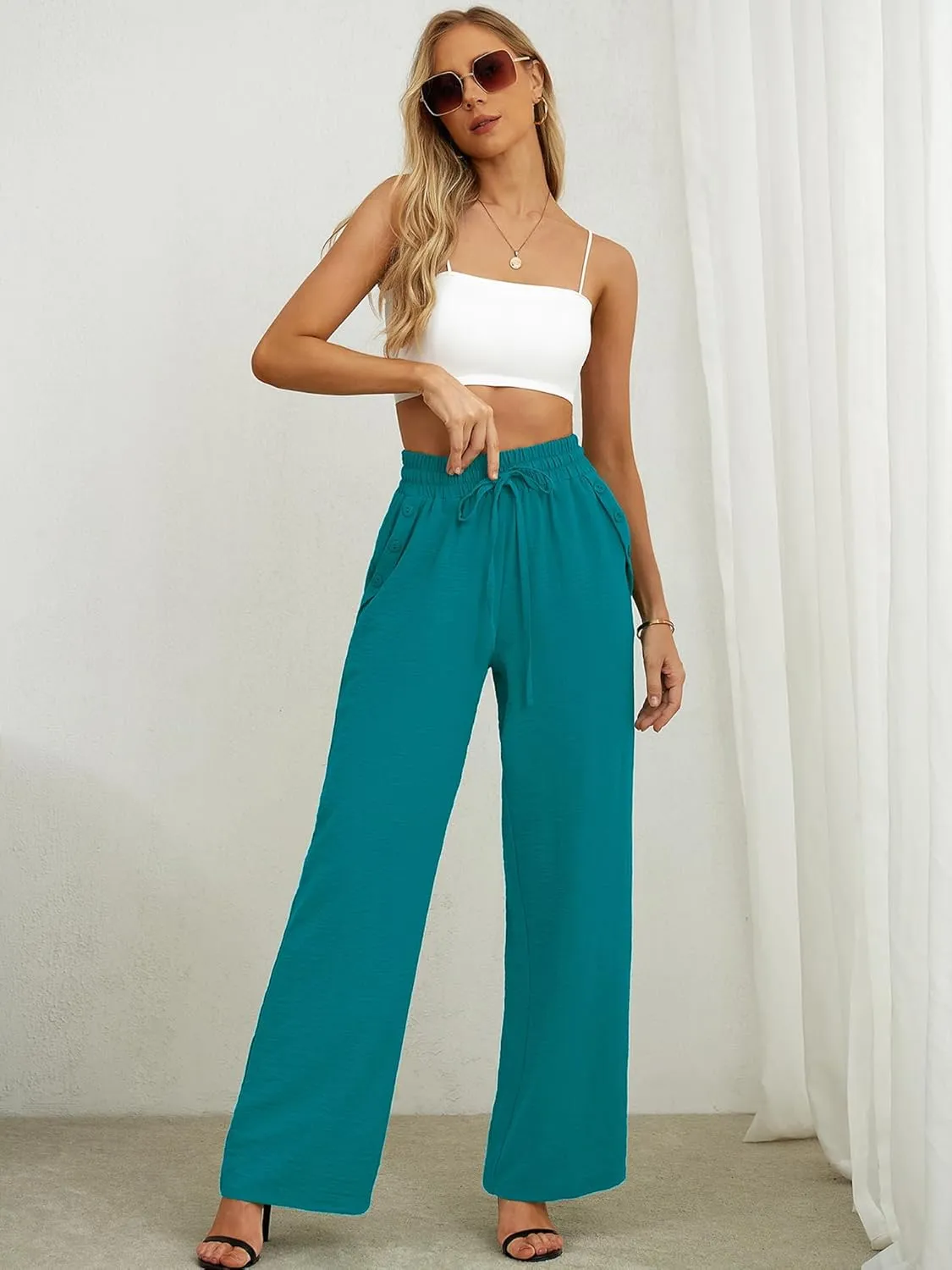 Heymoments Women's Wide Leg Lounge Pants with Pockets Lightweight High Waisted Palazzo Adjustable Tie Knot Flowy Trousers