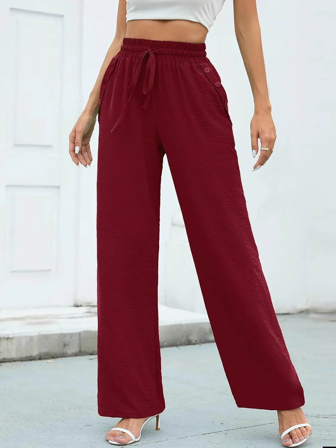 Heymoments Women's Wide Leg Lounge Pants with Pockets Lightweight High Waisted Palazzo Adjustable Tie Knot Flowy Trousers