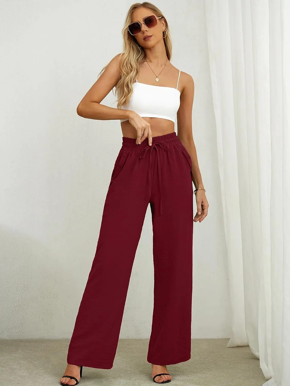Heymoments Women's Wide Leg Lounge Pants with Pockets Lightweight High Waisted Palazzo Adjustable Tie Knot Flowy Trousers