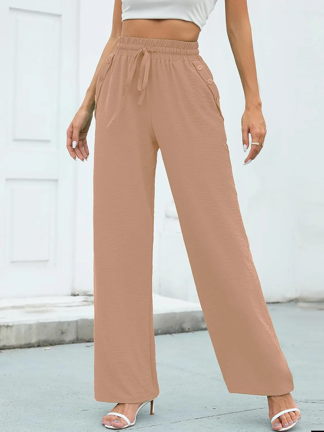 Heymoments Women's Wide Leg Lounge Pants with Pockets Lightweight High Waisted Palazzo Adjustable Tie Knot Flowy Trousers