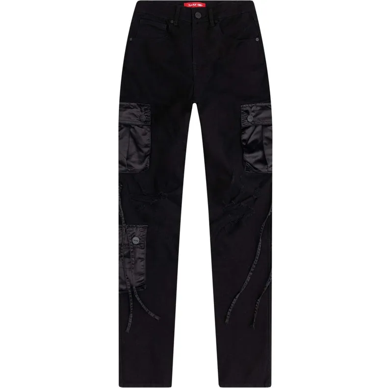 High Rise Relaxed Tapered Mixed Media Utility Twill Pants - Black