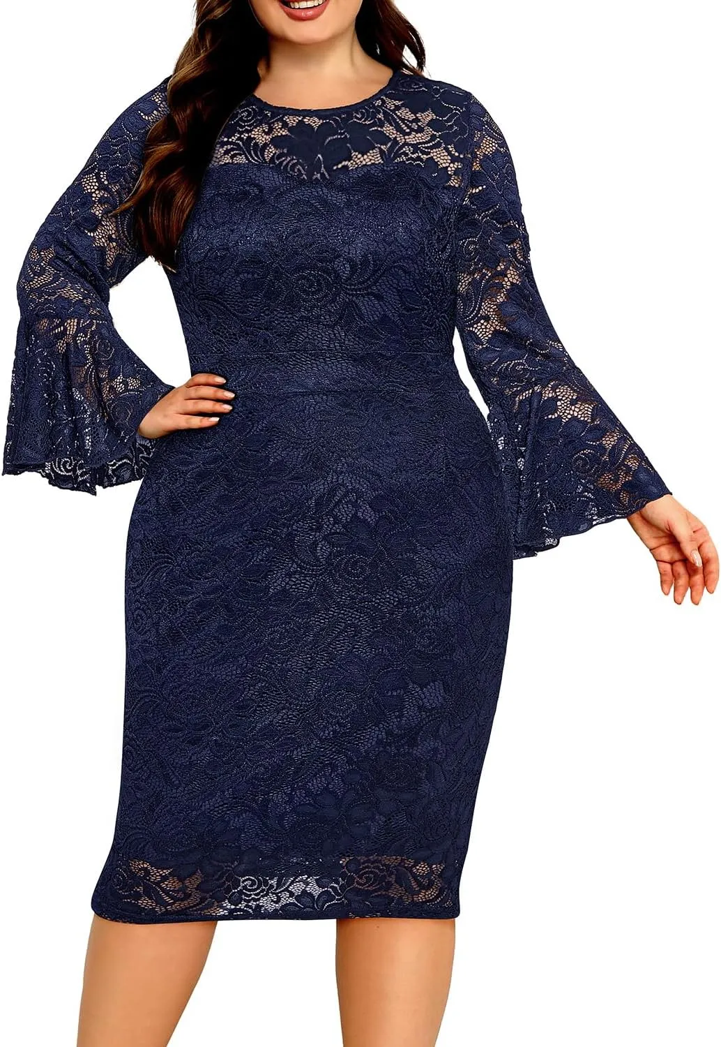 Holipick Women's Plus Size Lace Bell Sleeve Dress Wedding Guest Cocktail Party Elegant Dresses