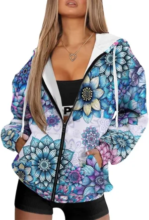 JEOCODY Zip Up Hoodie Women Oversized Hoodie Casual Long Sleeve Graphic Jackets with Pockets Zipper Drawstring