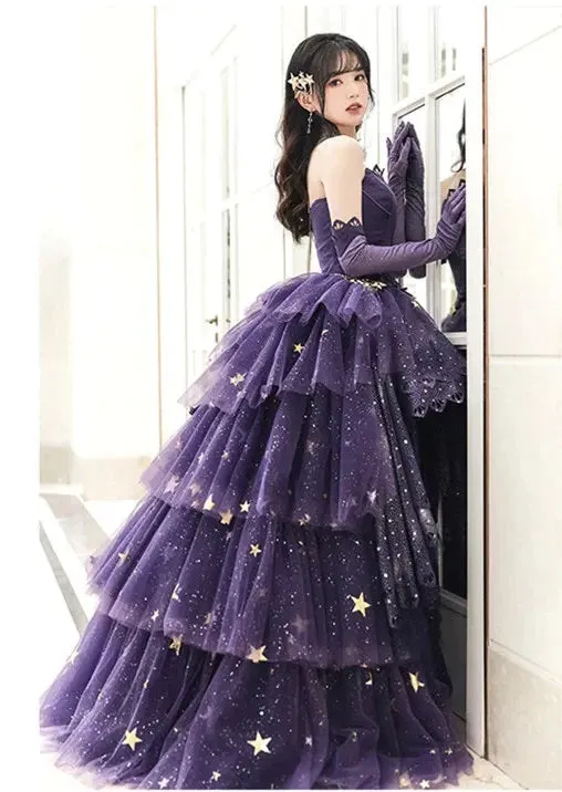 kamahe Elegant Purple Stars A-Line Prom Dress Love Elegant Purple Star Lolita