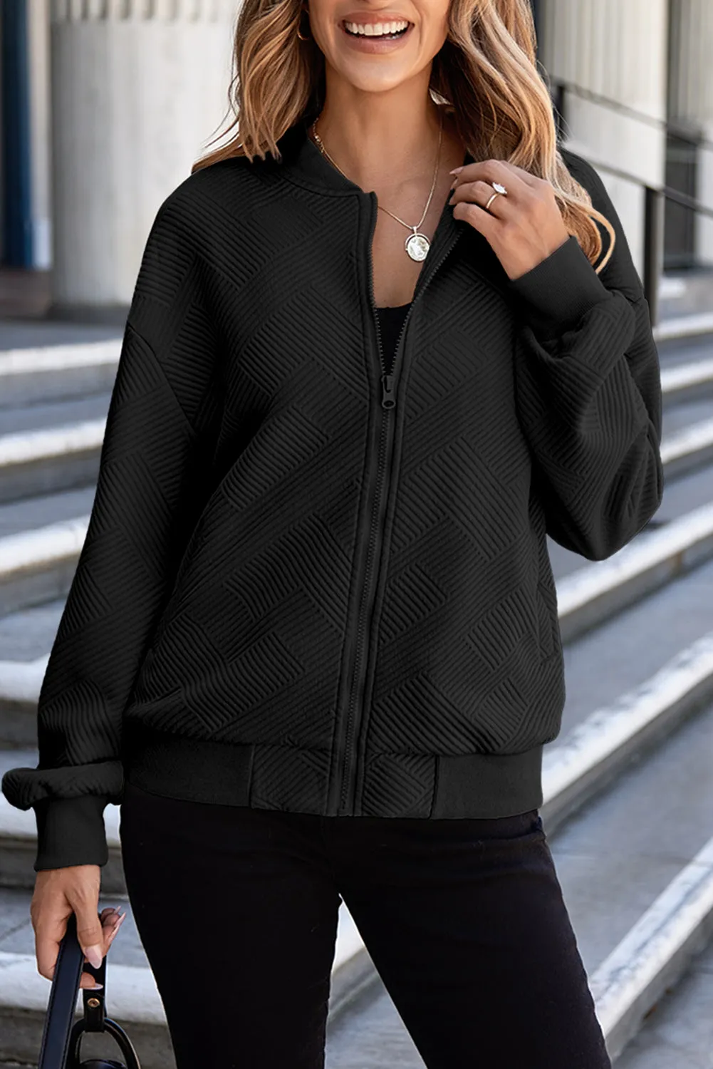 kesley Texture Zip Up Baseball Collar Long Sleeve Jacket