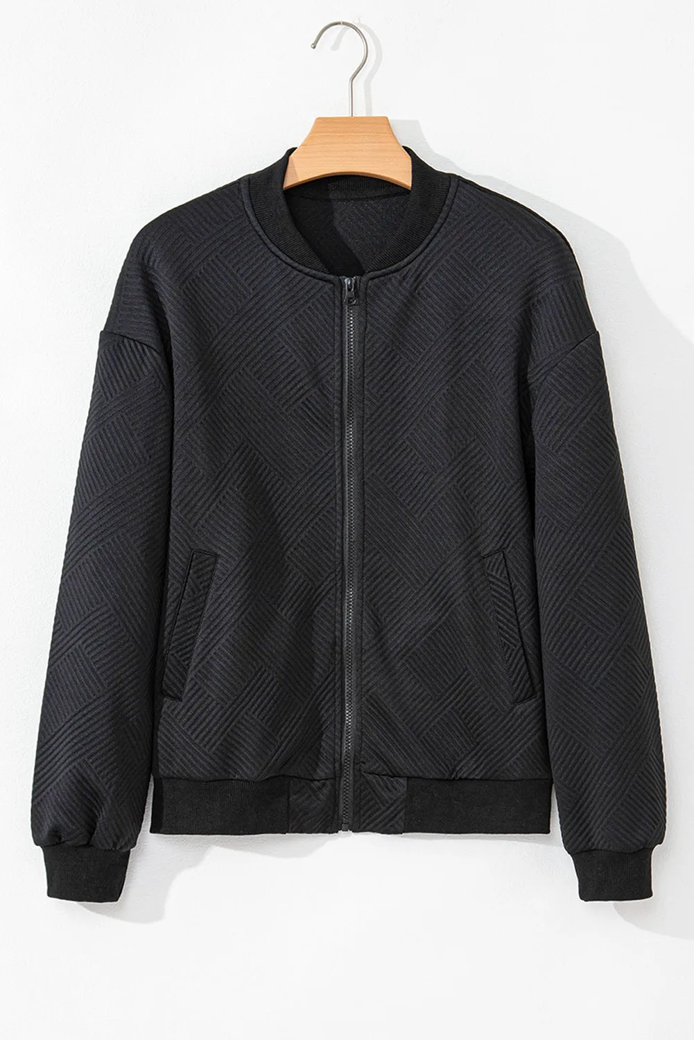 kesley Texture Zip Up Baseball Collar Long Sleeve Jacket