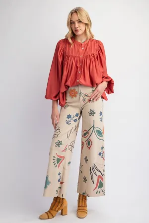 Khaki Printed Twill Pants