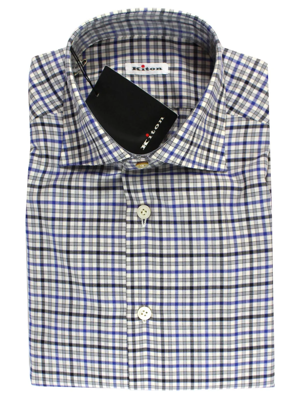 Kiton Dress Shirt White Royal Blue Black Check 40 - 15 3/4 SALE