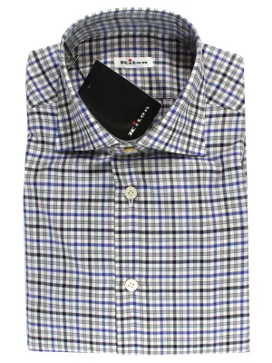 Kiton Dress Shirt White Royal Blue Black Check 40 - 15 3/4 SALE