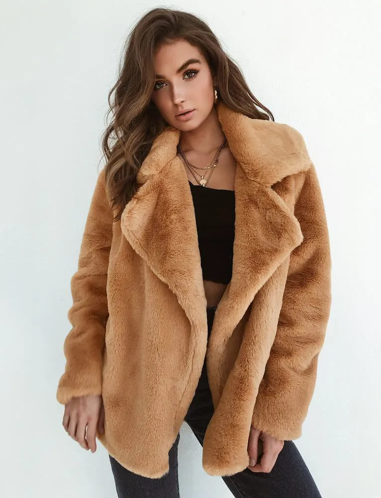 Lapel Collar Open Warm Solid Color Women Winter Short Teddy Coat