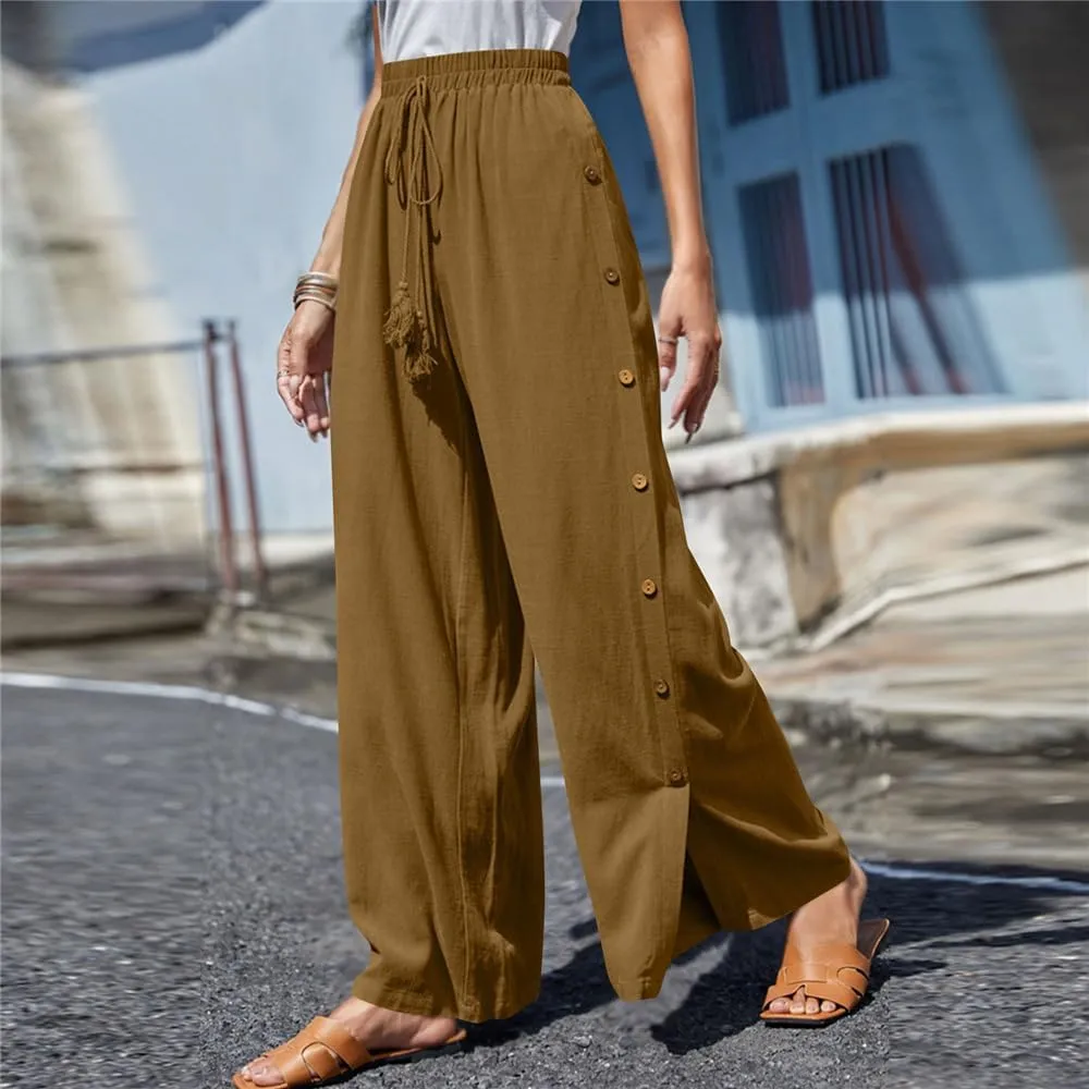 Linen Pants for Women Summer Trendy High Side Split Snap Button Pants Womens Wide Leg Beach Pants S-3XL