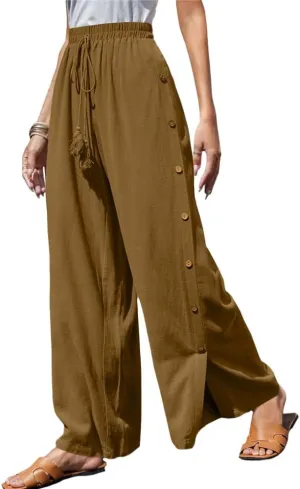 Linen Pants for Women Summer Trendy High Side Split Snap Button Pants Womens Wide Leg Beach Pants S-3XL