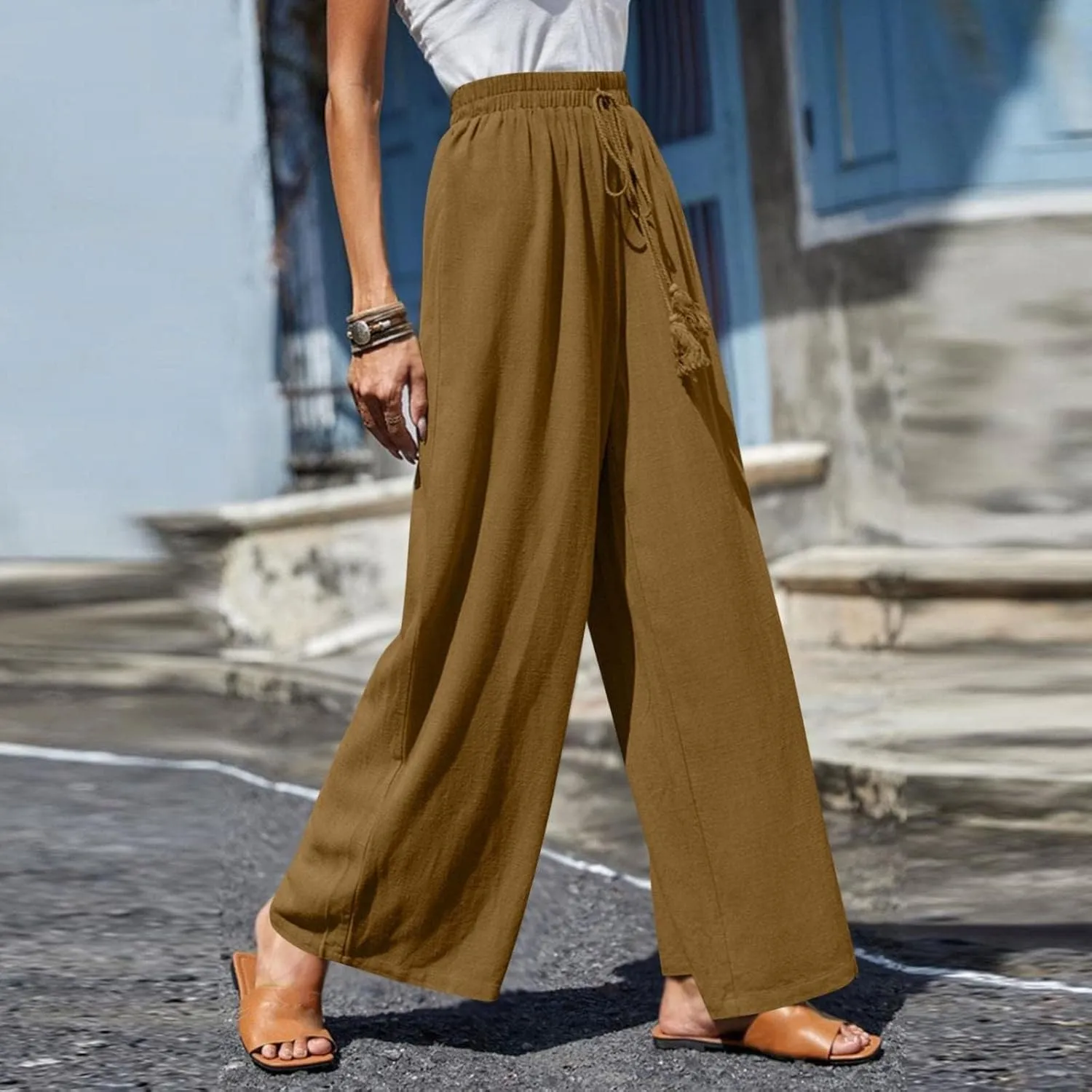Linen Pants for Women Summer Trendy High Side Split Snap Button Pants Womens Wide Leg Beach Pants S-3XL