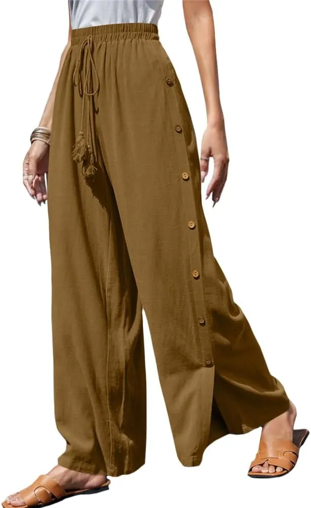 Linen Pants for Women Summer Trendy High Side Split Snap Button Pants Womens Wide Leg Beach Pants S-3XL