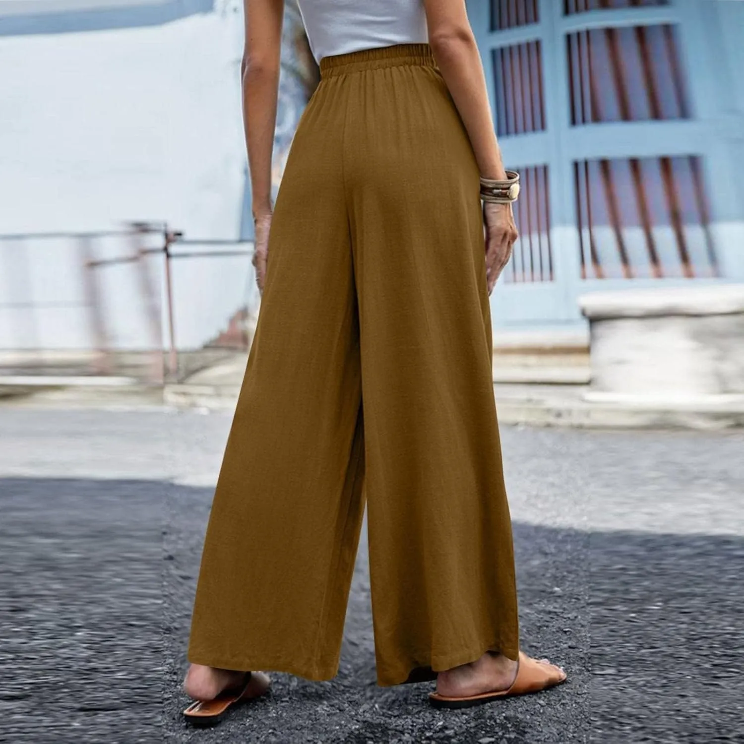 Linen Pants for Women Summer Trendy High Side Split Snap Button Pants Womens Wide Leg Beach Pants S-3XL