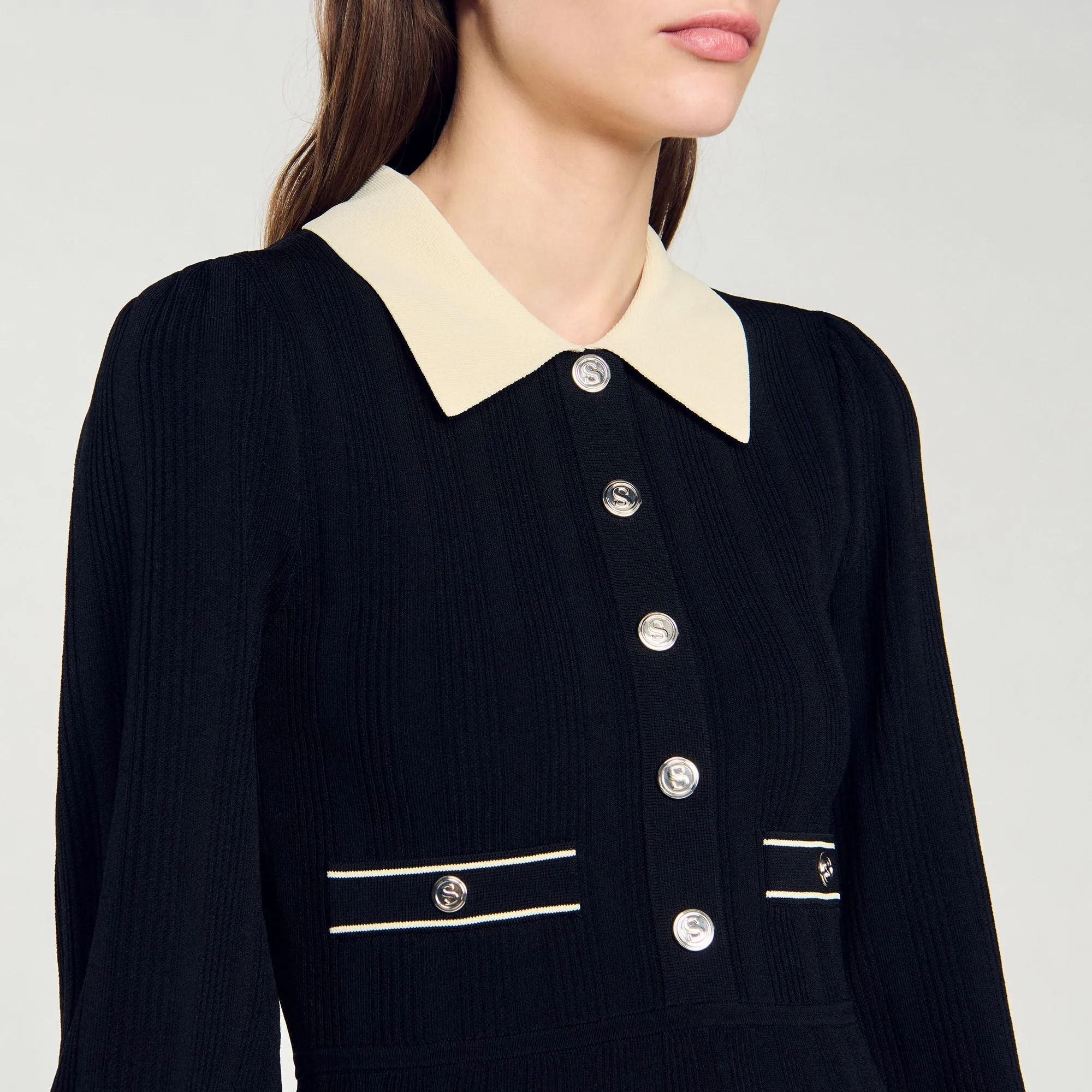 Lison Pleated Knit Dress Black / Ecru