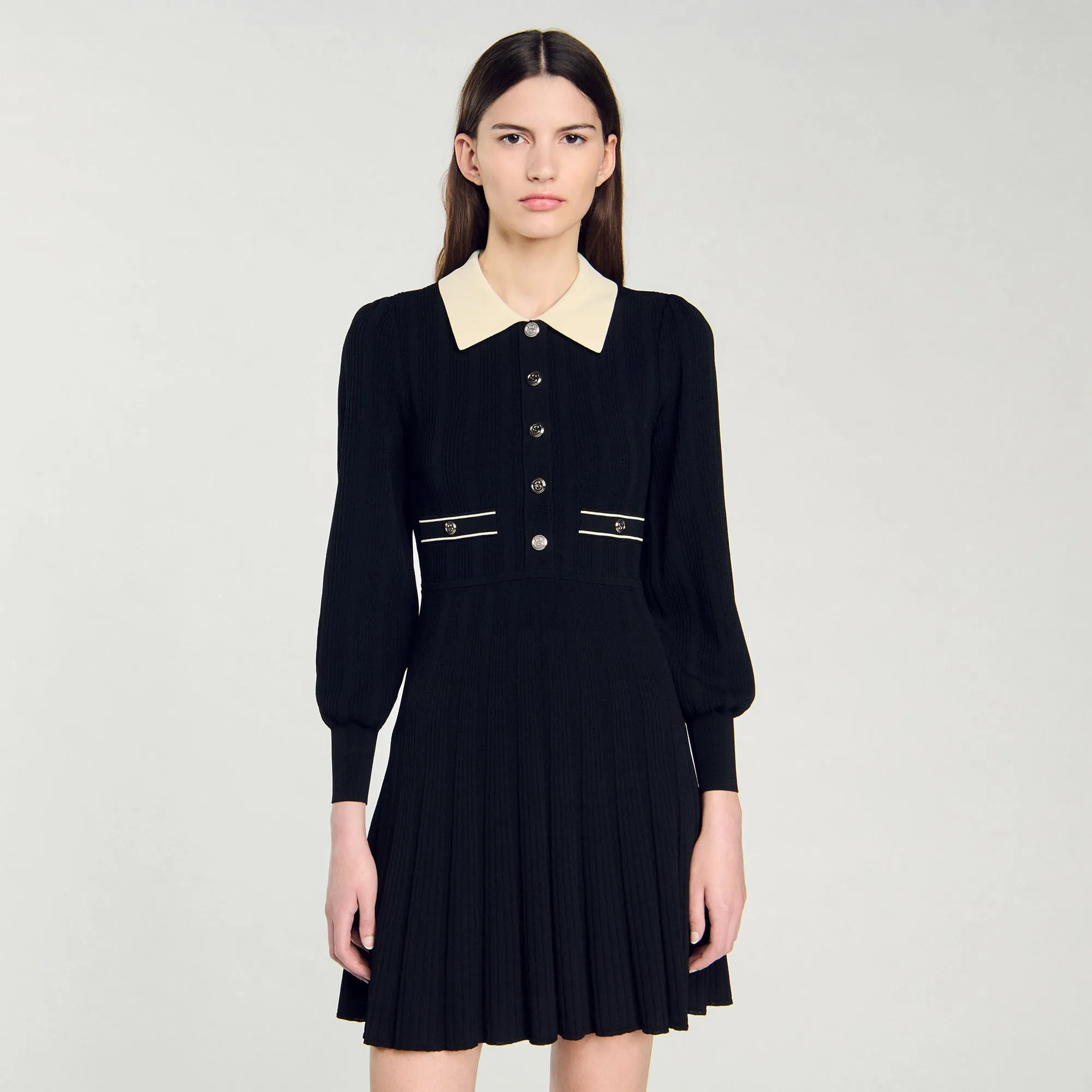 Lison Pleated Knit Dress Black / Ecru