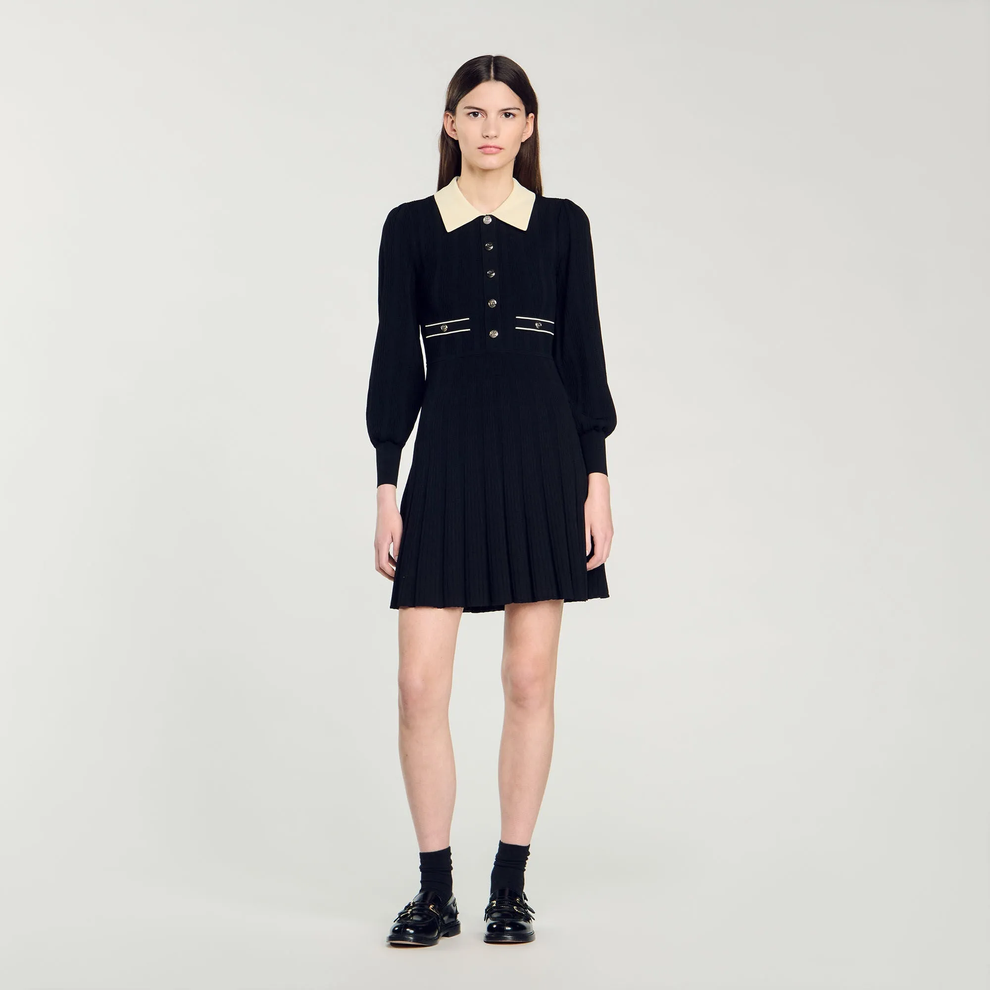 Lison Pleated Knit Dress Black / Ecru