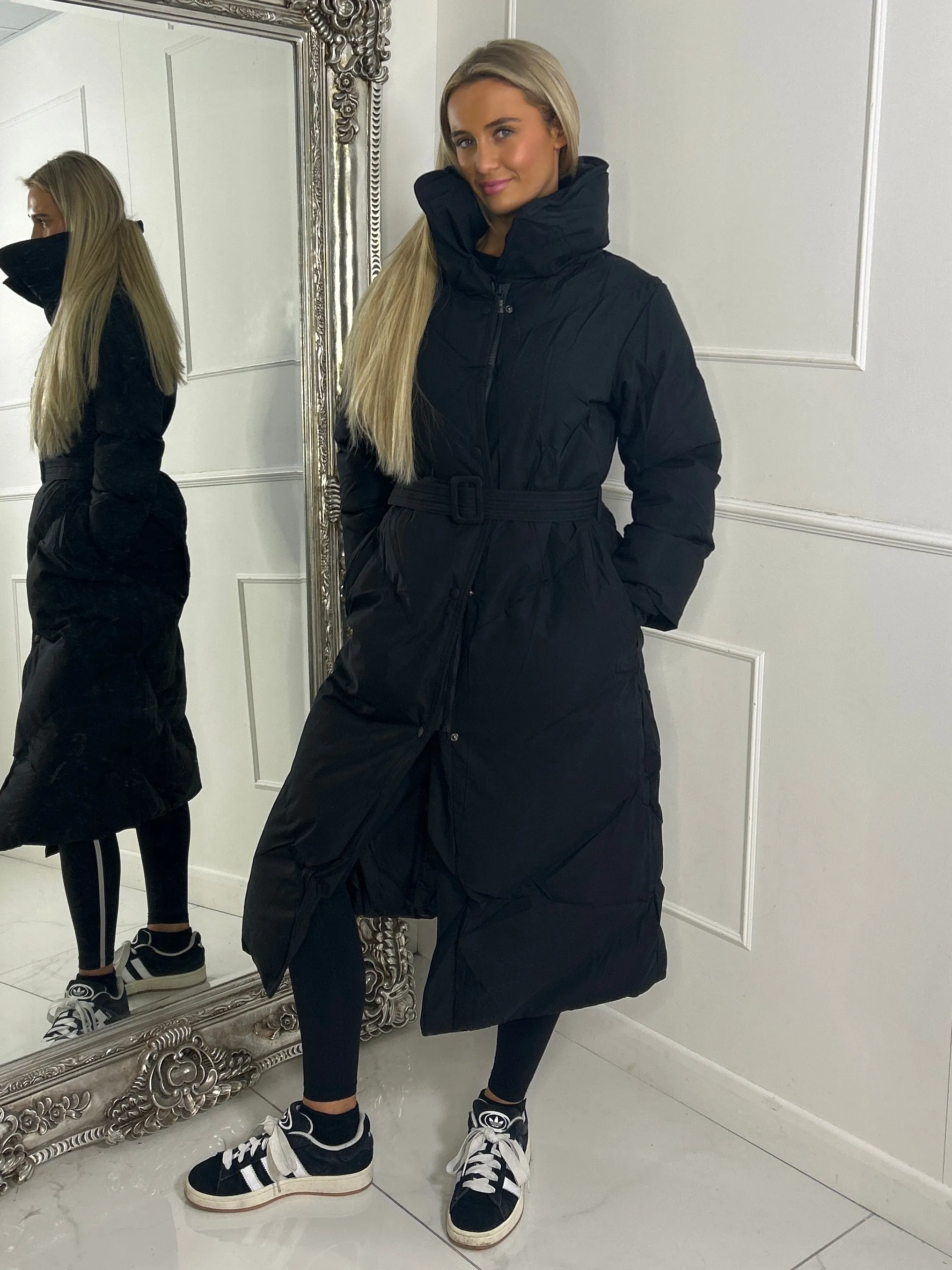 Long Length Padded Belted Coat - Black